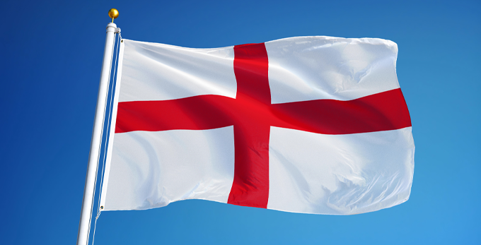 English national flag, moving in the mind and a sunny day.